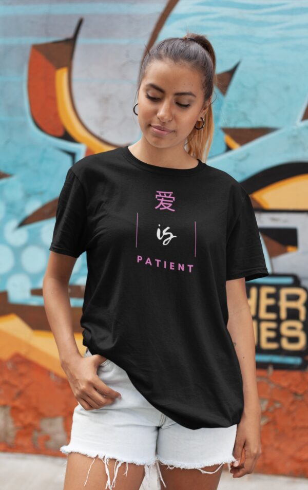 Women's Classic 'loose fit' Love is Patient -Black Tshirt - Image 4